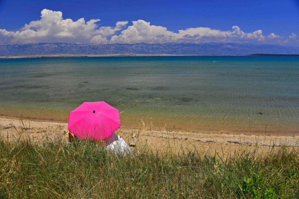 a person with a pink umbrella on a beach at Holiday home Ivana - private pool in Privlaka