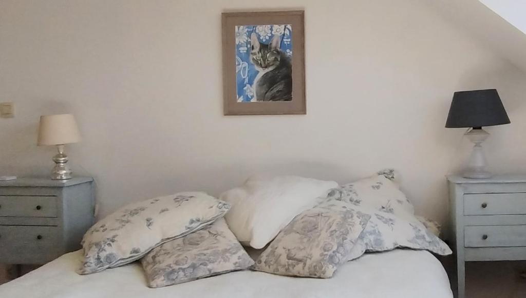 een bed met kussens en een foto aan de muur bij L Heure Bleue in Wezembeek-Oppem