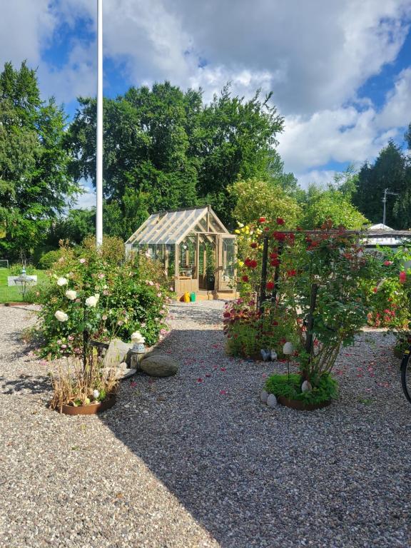 a garden with flowers and a greenhouse in the background at Pensionat Strandhuset i Abbekås in Abbekås