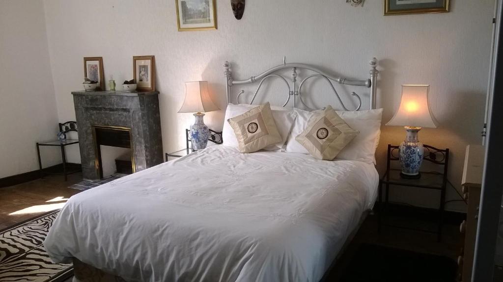 a bedroom with a white bed with two lamps and a fireplace at La Châtaigne Dorée in Saint-Pierre-de-Fursac