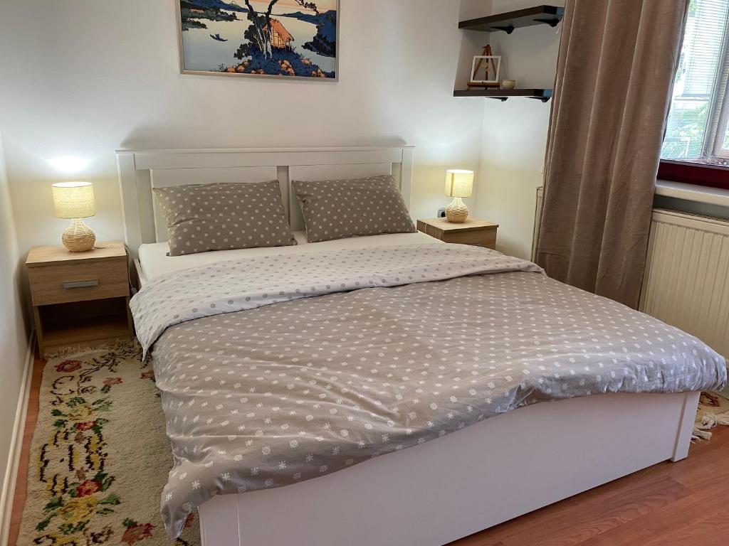 a bed in a bedroom with two night stands and two lamps at Apartment No. 9 in Lucija