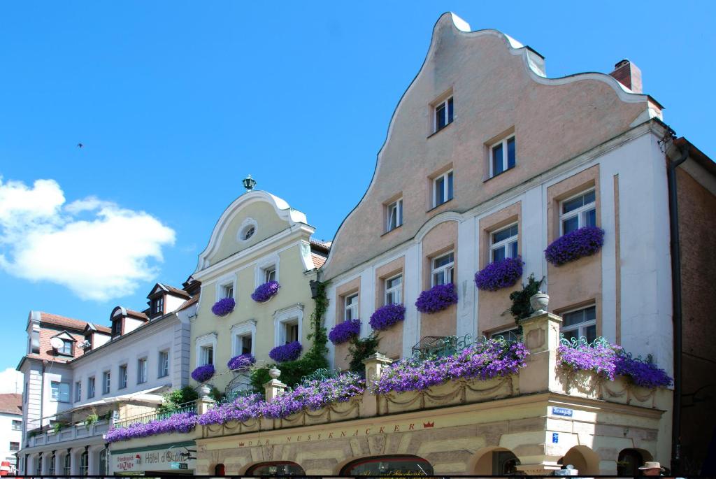 eine Reihe von Gebäuden mit lila Blumen darauf in der Unterkunft Hotel Orphée - Kleines Haus in Regensburg
