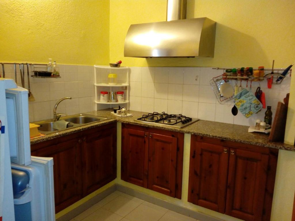 uma cozinha com armários de madeira, um lavatório e um fogão em Giuly's House em Càbras