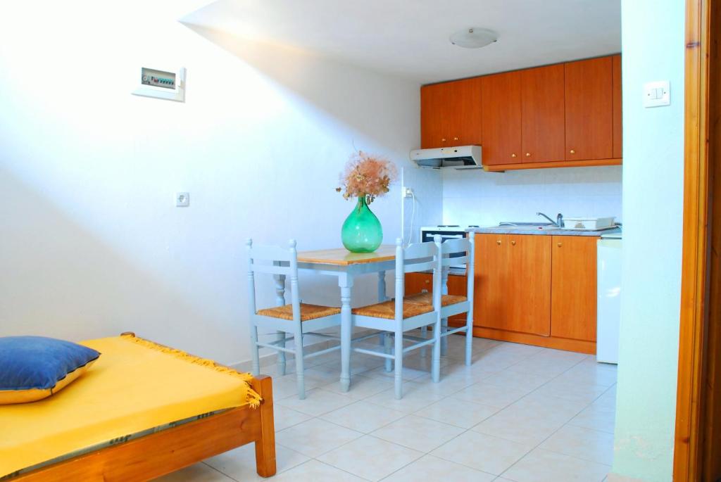 a kitchen with a table with a vase on it at Studios Efi in Kala Nera