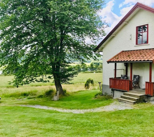 a small white house with a tree in the yard at Kastellegården Skanskullen in Kungälv