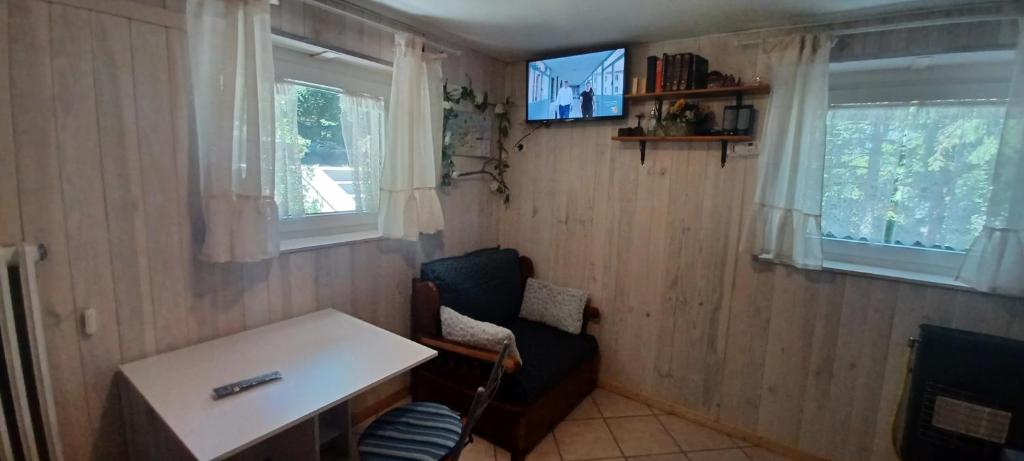 Pokój ze stołem, krzesłem i 2 oknami w obiekcie Le Casette w mieście Sauze dʼOulx