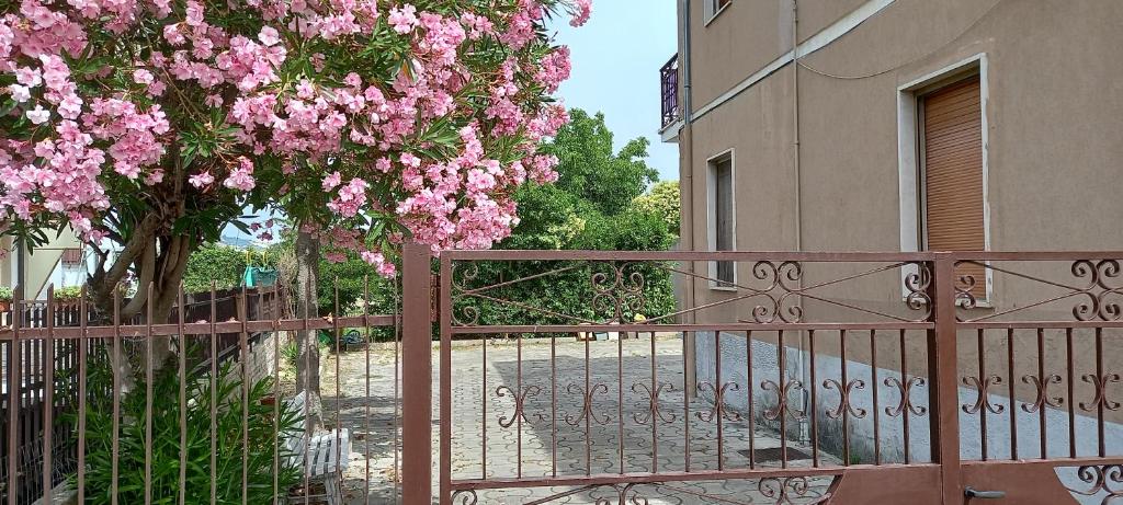 una valla de hierro con flores rosas colgando de ella en La magnolia, en Perano