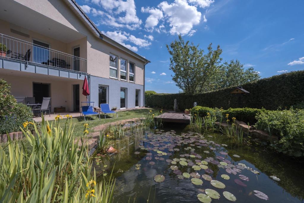 a pond in front of a house with lilies at Ferienwohnung Schwalbennest in Weinsheim