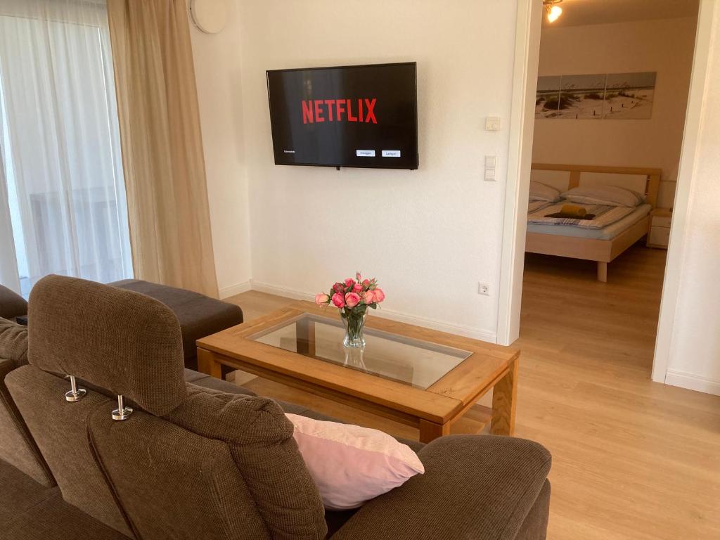 A television and/or entertainment centre at Ferienwohnung MEHLBAUM