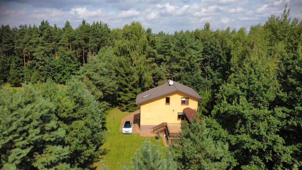 Agroturystyka Czekaj في Lublinów: اطلالة جوية على منزل في وسط غابة