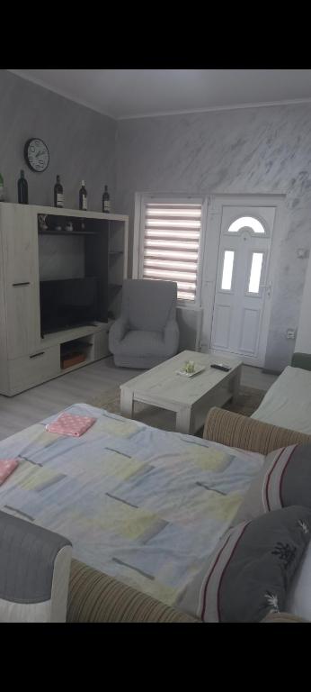 een woonkamer met een groot bed en een televisie bij Apartman LJILJANA BELA CRKVA in Bela Crkva