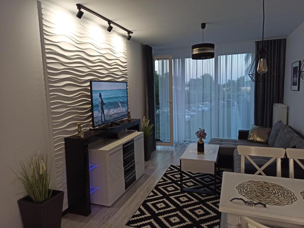 Televízia a/alebo spoločenská miestnosť v ubytovaní Apartament Czarna Perła