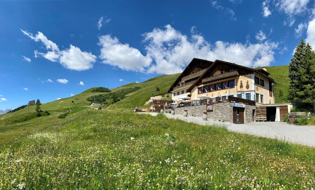 a house on a hill with a field of flowers at Hotel Salastrains in St. Moritz