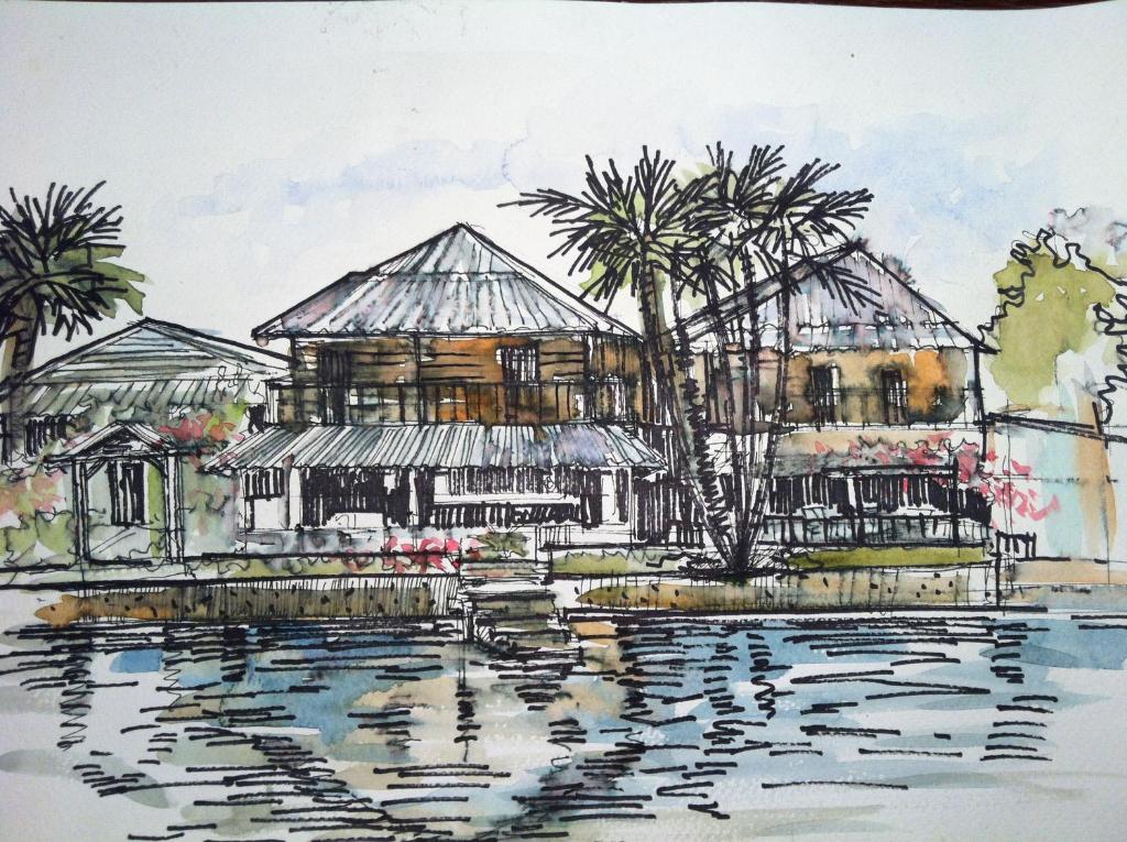 un dibujo de una casa con un reflejo en el agua en The Riverside Guest House, en Lampang