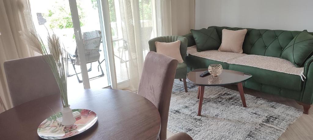 a living room with a green couch and a table at Zeleni in Đenovići