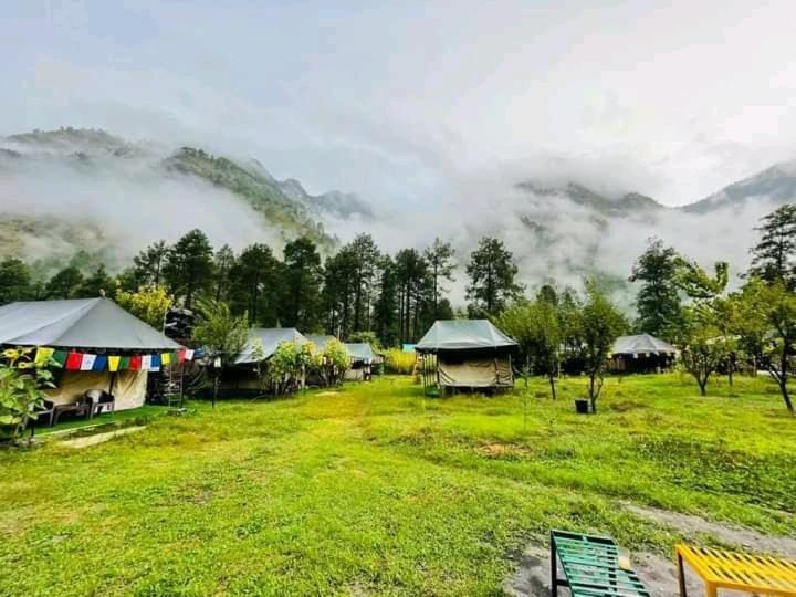 un grupo de chozas en un campo con árboles y nubes en Odyssey Stays Parvati Woods Camps, en Kasol