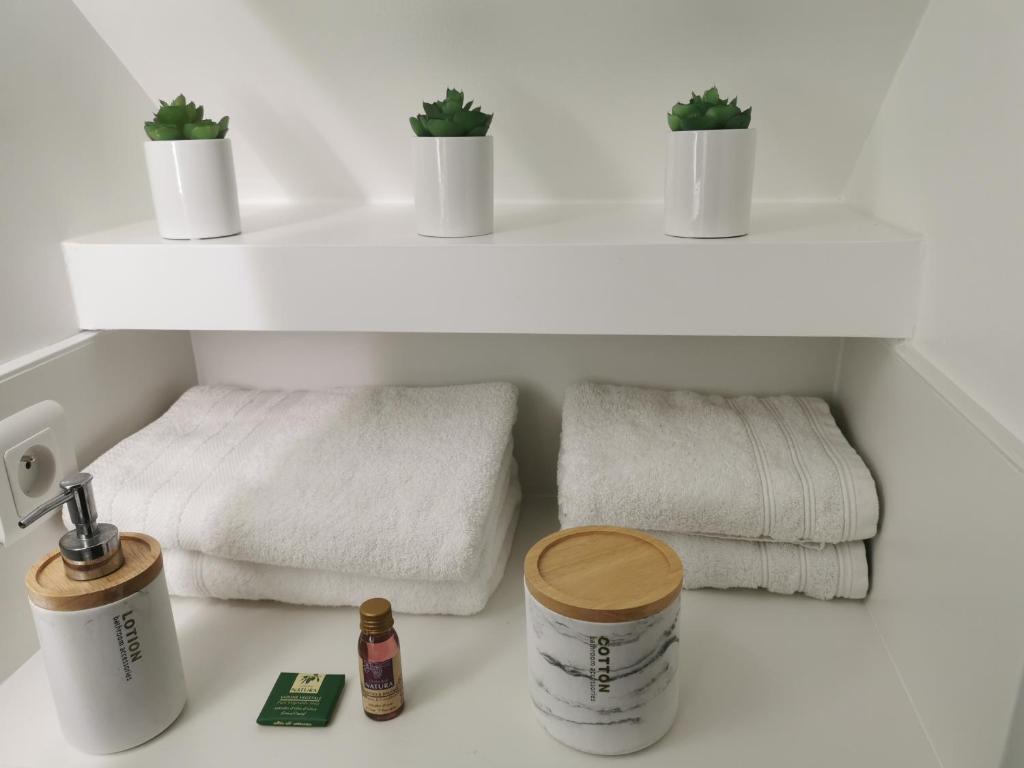 ein Badezimmer mit weißen Regalen mit Topfpflanzen und Handtüchern in der Unterkunft Le Cocon Romantique du centre d'Argeles Proximité gare in Argelès-sur-Mer