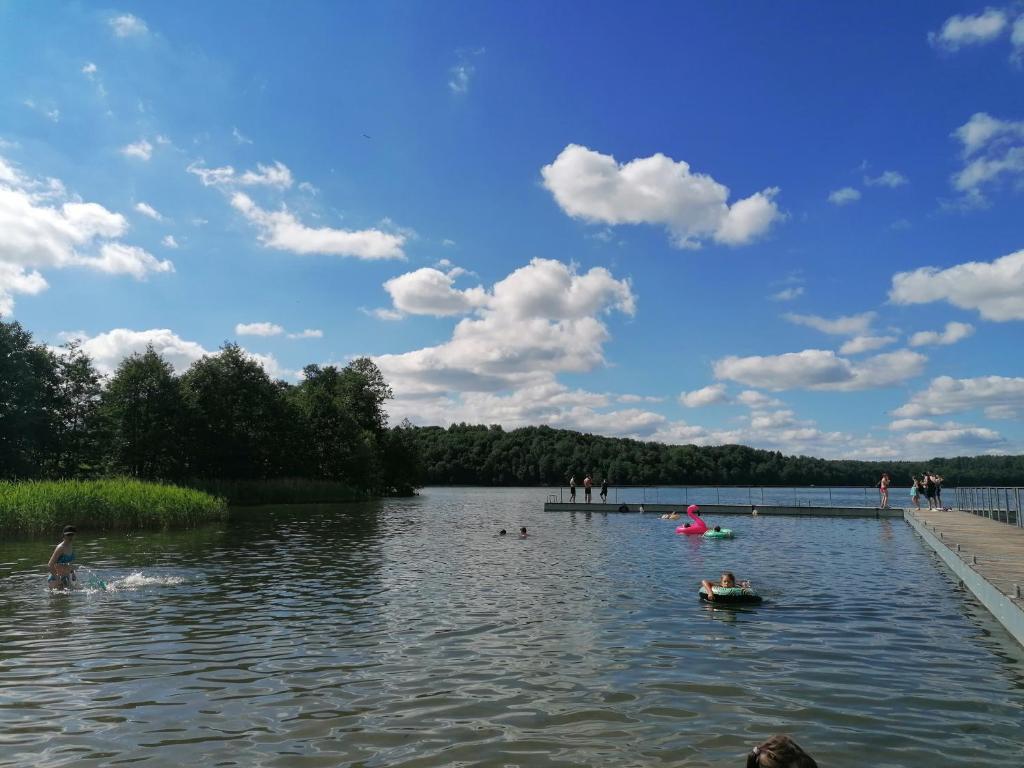 een groep mensen die in een meer zwemmen bij Zagroda nad Hańczą in Błaskowizna