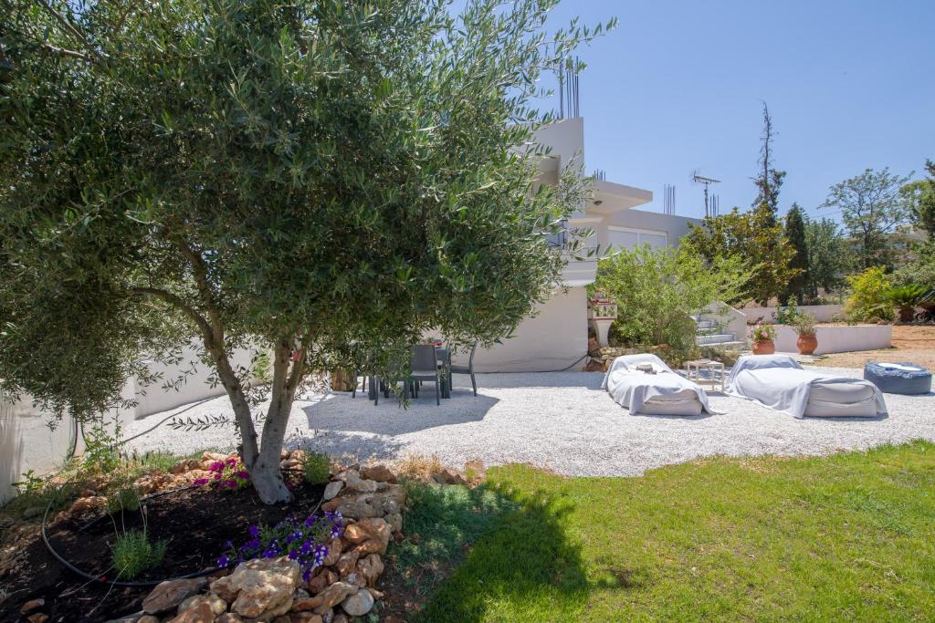a garden with a tree and some chairs and a tree at Casa Magnolia - Spacious Home in heart of Akrotiri in Chania Town