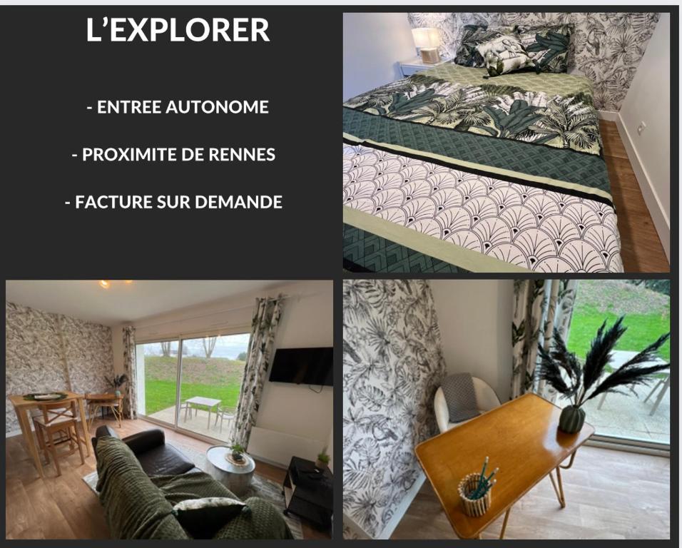 a collage of photos of a bedroom and a living room at Explorer in Betton
