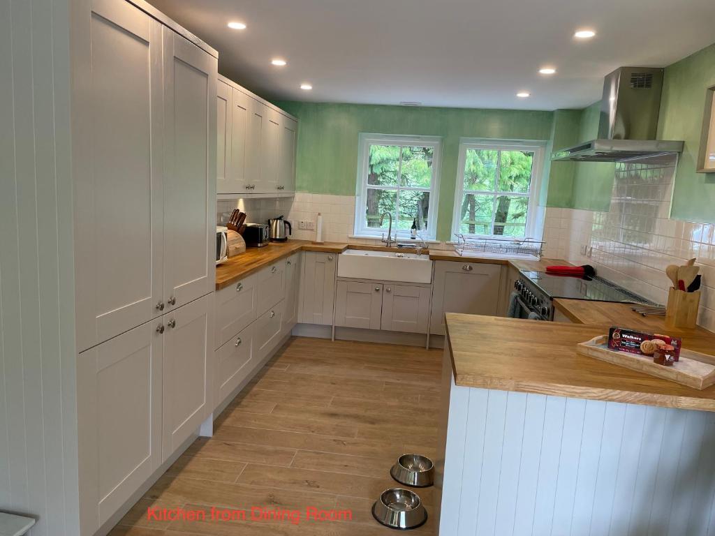 a kitchen with white cabinets and green walls at Luxury Loch Tay Lodge in Aberfeldy
