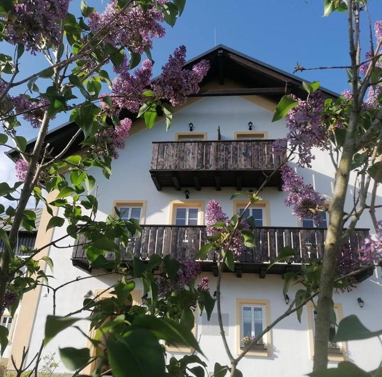 a building with a balcony with purple flowers at Penzion Henke in Srbská Kamenice