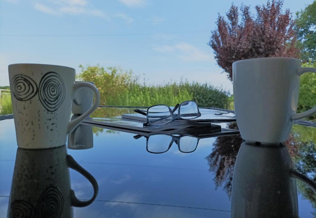 twee koffiekopjes en glazen zittend op een tafel bij Cadol'Ain in Servignat