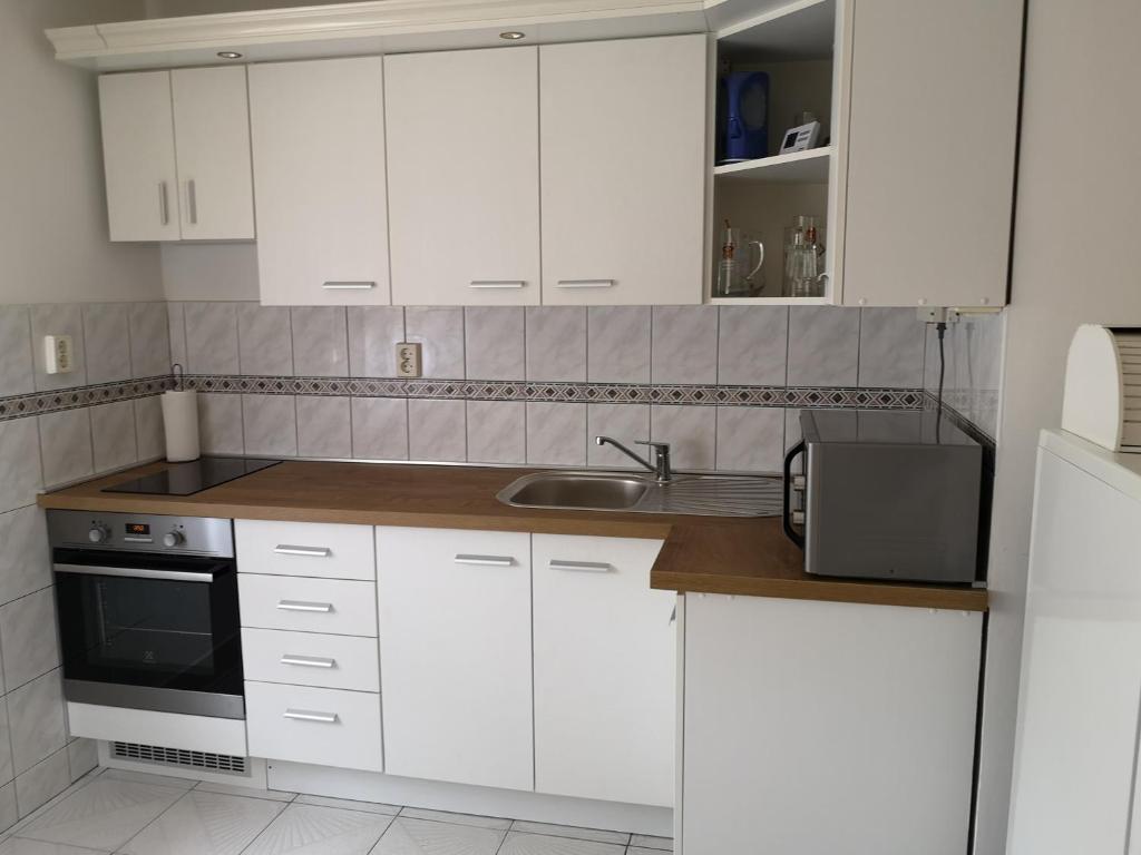 ザラカロシュにあるLívia Apartman - Zalakarosの白いキャビネット、シンク、電子レンジ付きのキッチンが備わります。