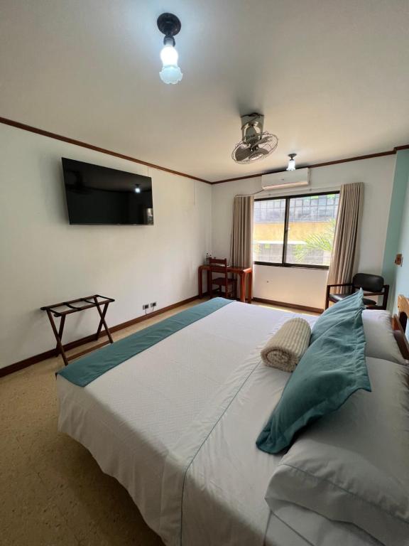 a bedroom with a large bed and a flat screen tv at Hotel Caucasia in Caucasia