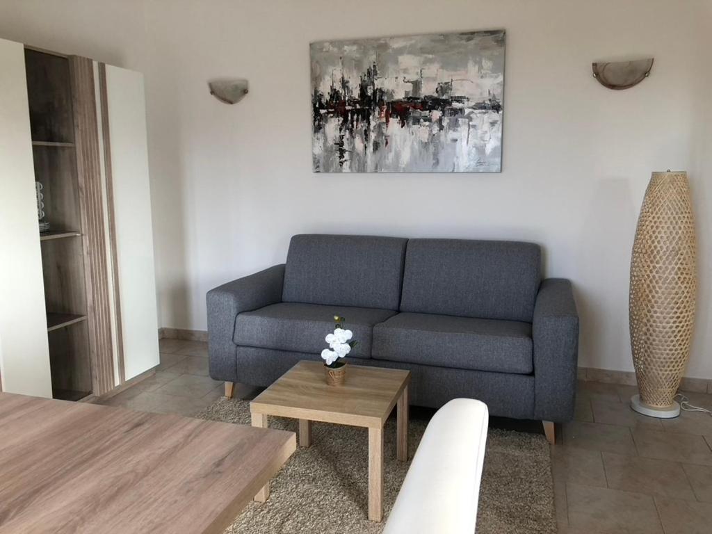 sala de estar con sofá azul y mesa en Appartement rez de villa en LʼÎle-Rousse