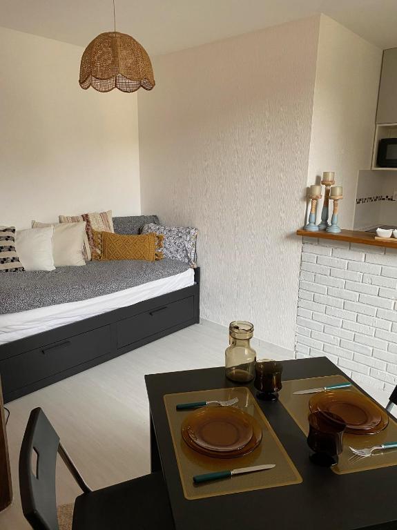 salon z łóżkiem i stołem w obiekcie Le NID - Studio Place Emile Zola / parking gratuit w mieście Dijon