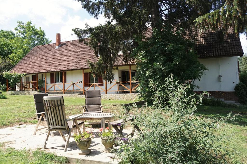 dom z dwoma krzesłami i stołem przed nim w obiekcie Holidays Hongarije w mieście Igal