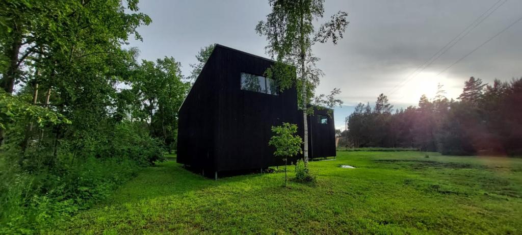 a black house in a field with a tree at Dūņu Krogs in Ādaži