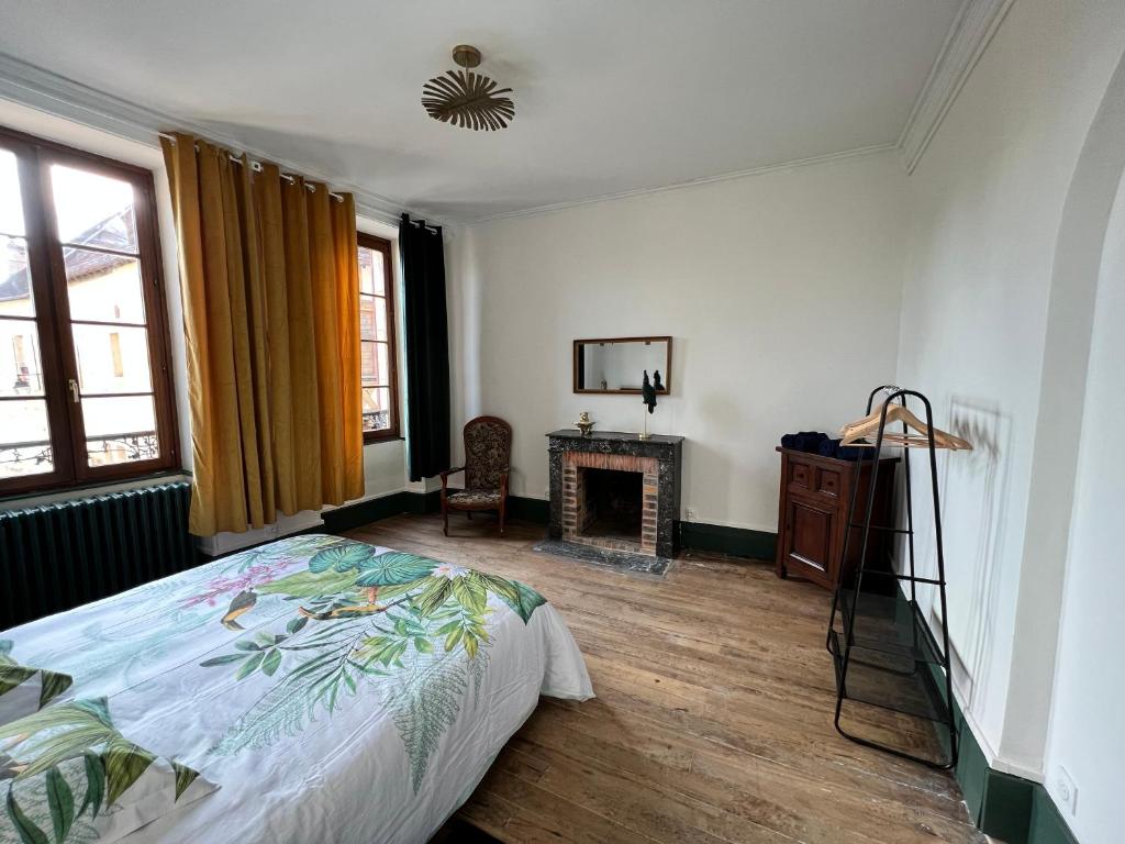 - une chambre avec un lit et une cheminée dans l&#39;établissement Maison dans quartier historique : La Grenouille, à Avallon