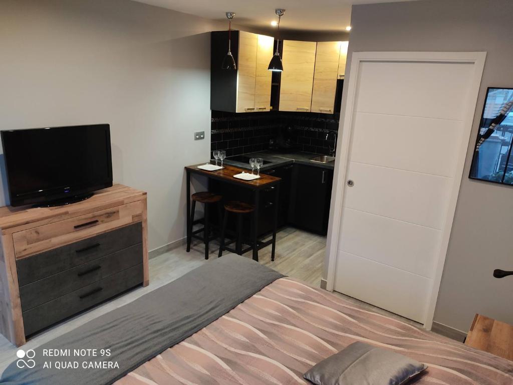 a bedroom with a bed and a television and a kitchen at Chambre d&#39;hôtes de l&#39;écluse d&#39;Episy avec spa in Épisy