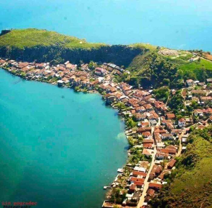 an aerial view of a small island in the water at Vila Du Lac Blue in Pogradec