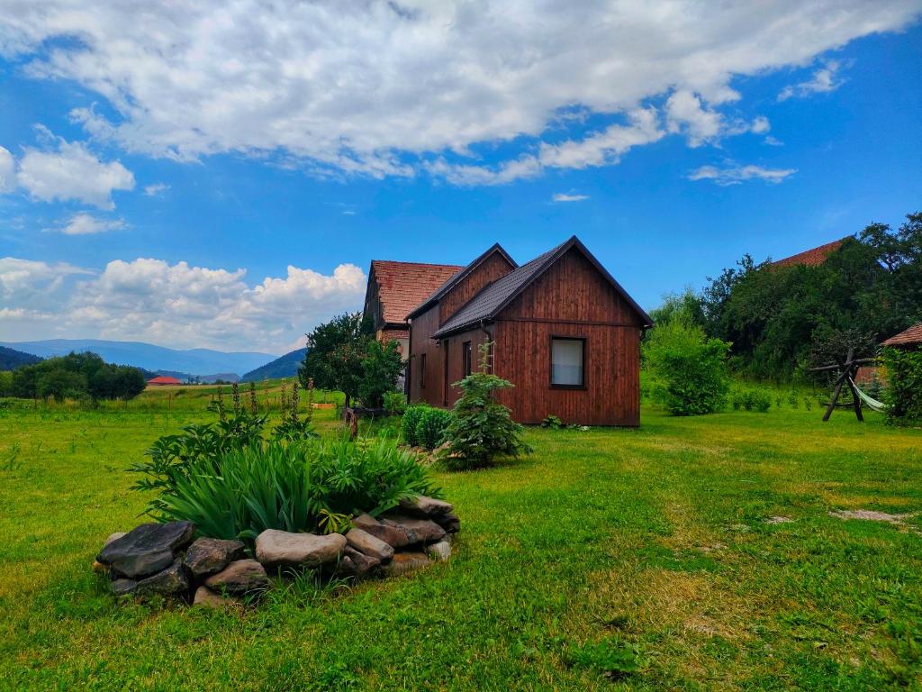 a house in the middle of a grass field at Organicle Lodge in Sîncrăieni