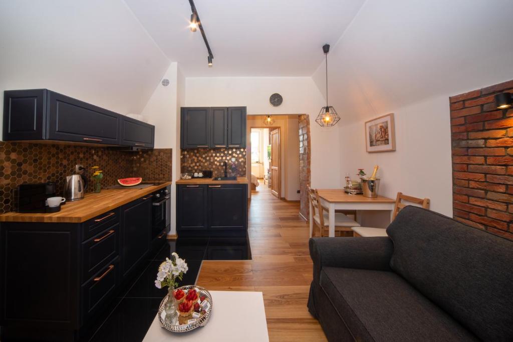 uma cozinha e sala de estar com armários pretos e um sofá em Maya's Flats & Resorts 47 - Dluga 18/19 em Gdansk