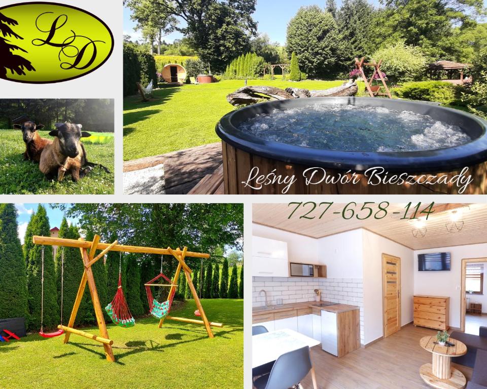 a collage of pictures of a backyard with a hot tub at Leśny Dwór Bieszczady - Sauna i Gorąca Balia in Ustrzyki Dolne