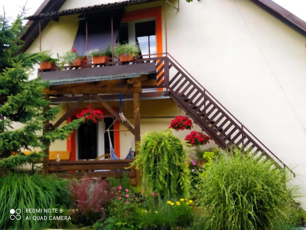 a house with potted plants on a balcony at Noclegi w pobliżu Energylandii - Agroturystyka Radocza Ogród in Radocza