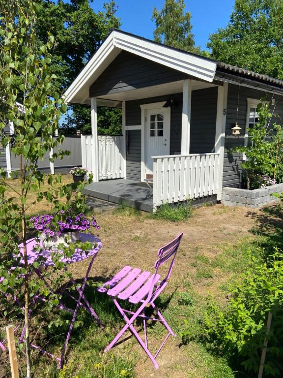 een roze stoel voor een huis bij Stuga på Öland in Algutsrum