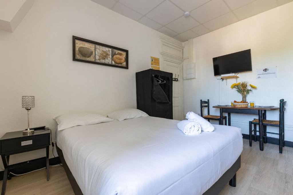 um quarto com duas camas e uma televisão na parede em Le Studio d'Isa em Seigy