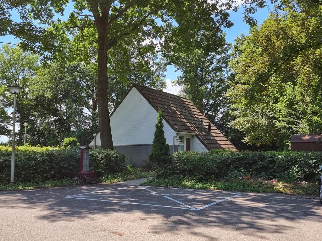 ein weißes Haus mit einem Baum und einer Auffahrt in der Unterkunft Belle-Swan in Simpelveld