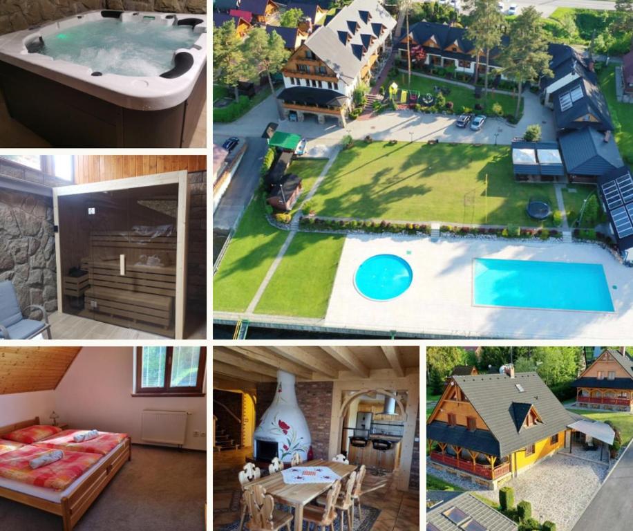 a collage of pictures of a house and a play yard at Chata Anna s privátnym wellness in Námestovo
