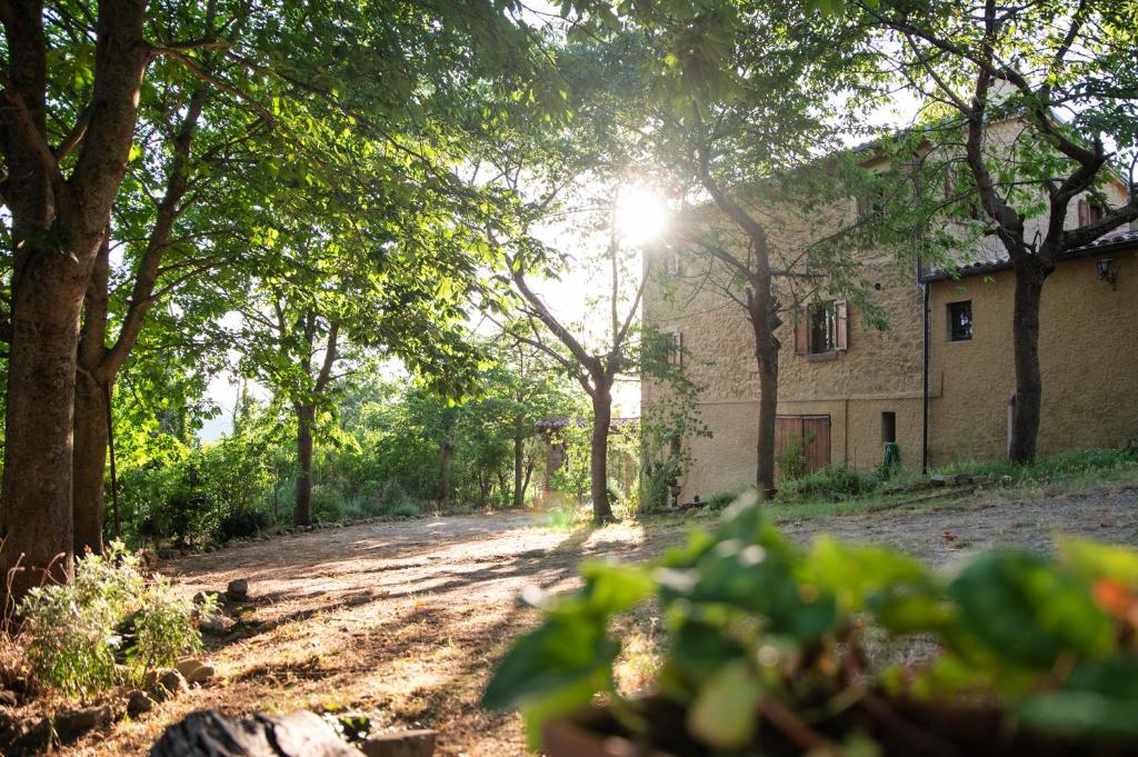 Uffogliano的住宿－Camera a Casa Castora，树木丛生的房子前的土路