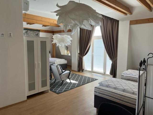 Zimmer mit einem Schlafzimmer mit einem Bett und einem Stuhl in der Unterkunft Villa Garden in Dunajská Streda
