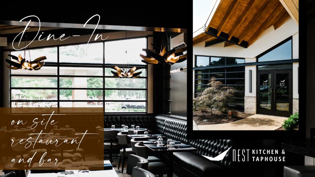 a dining room with tables and chairs in front of a window at The Lodge at Kiln Creek Resort in Newport News