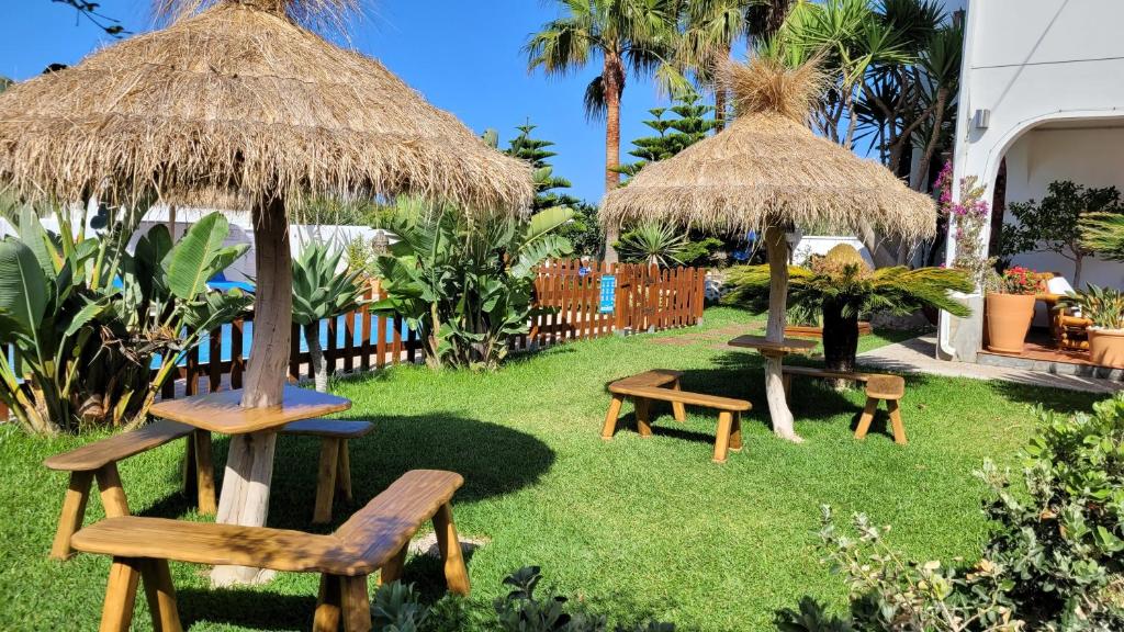 2 bancs et parapluies dans un jardin dans l'établissement Hostal Casa Arco Iris (Playa), à Los Caños de Meca