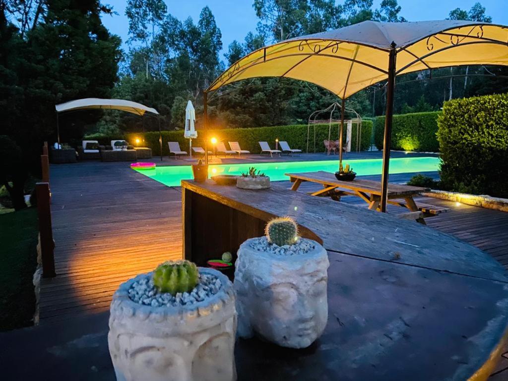 un patio con 2 grandes plantadores de piedra y una sombrilla en Villas do Monte en Guimarães