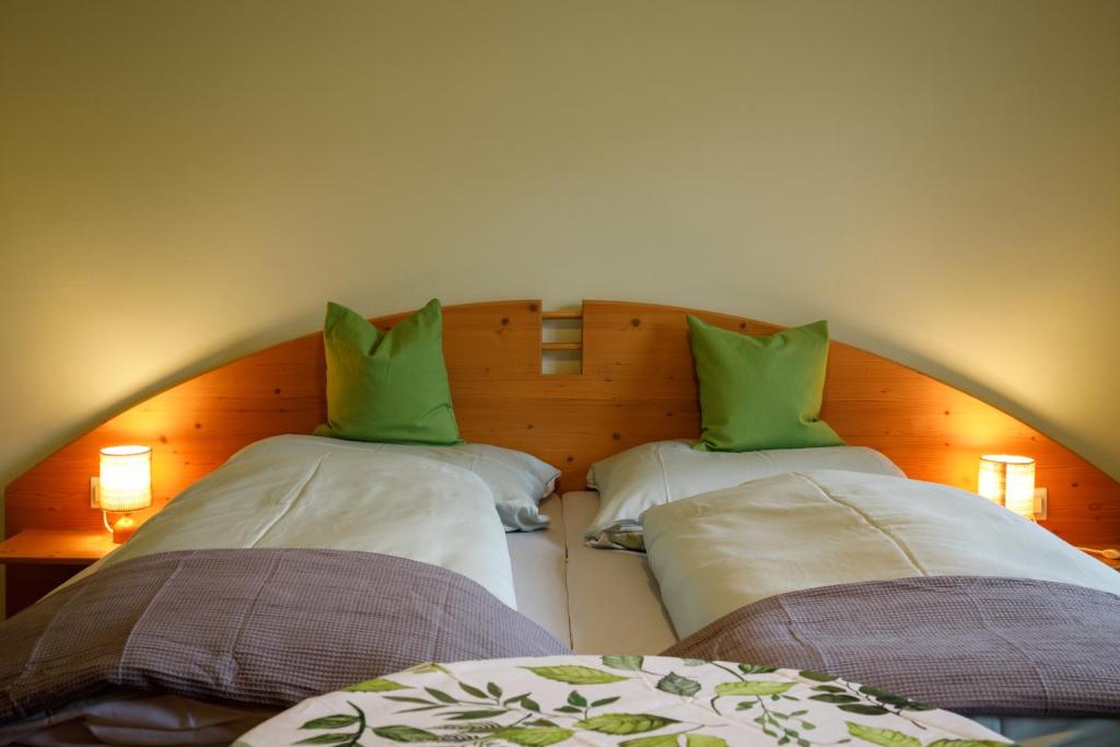 a bedroom with two beds with green pillows at Ländliches Ferienhaus in Kötschach